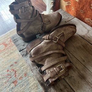 Handmade Taupe Leather Moto Boots with Buckles by Freebird Stores